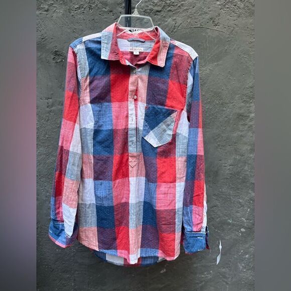 MERONA RED WHITE BLUE PLAID HALF BUTTON UP LONG SLEEVE SHIRT TUNIC TOP SIZE S - Picture 2 of 12